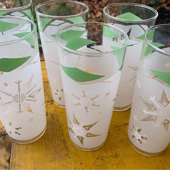 Vintage Green White Snowflake Frosted Drinking Glasses Tumblers MCM Set 6 Atomic